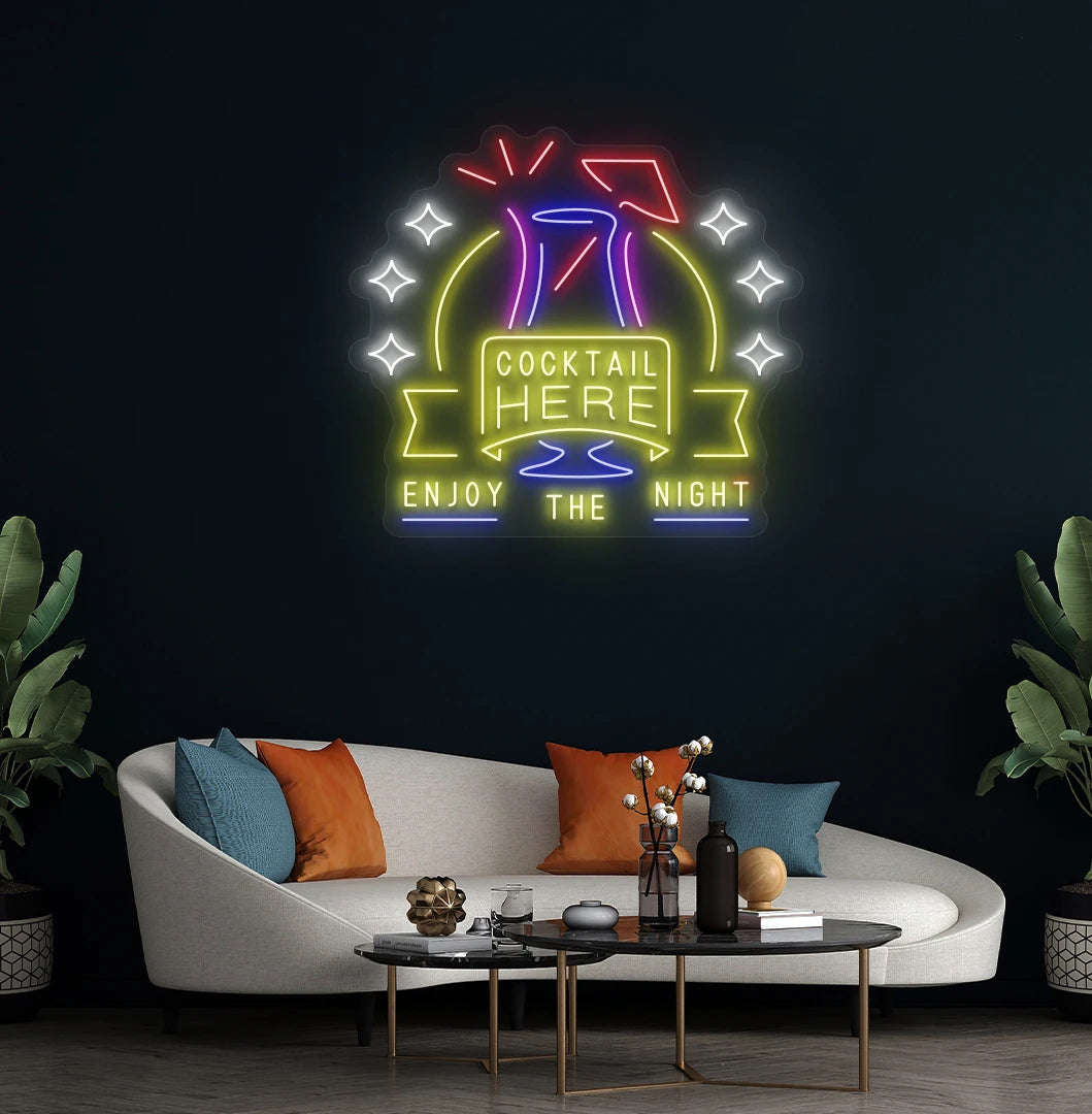 Cocktail here enjoy the party neon sign mounted on aesthetic wall in yellow.