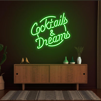 Green LED cocktail and dreams neon signs are hanging on the bar wall. Perfect for bars, cocktail lounges, and home bar setups.