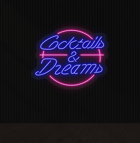 Image of a cocktails and dream LED neon sign on bar wall in blue color.