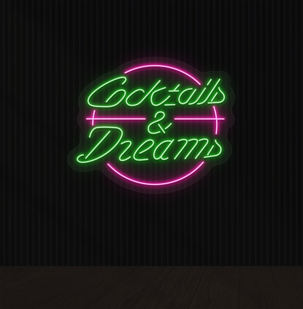 Lounge wall with cocktails and dream LED neon sign glowing green.