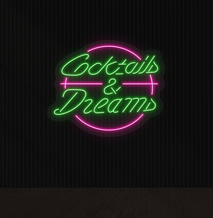 Lounge wall with cocktails and dream LED neon sign glowing green.