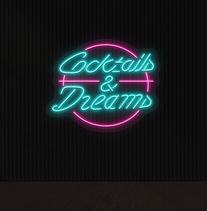 Image of a cocktails and dream LED neon sign on bar wall in ice blue color.