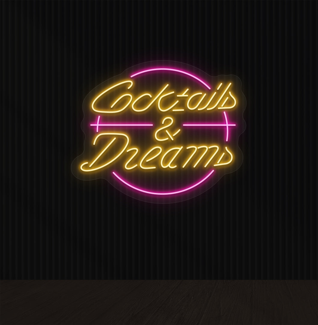 Lounge wall with cocktails and dream LED neon sign glowing orange.