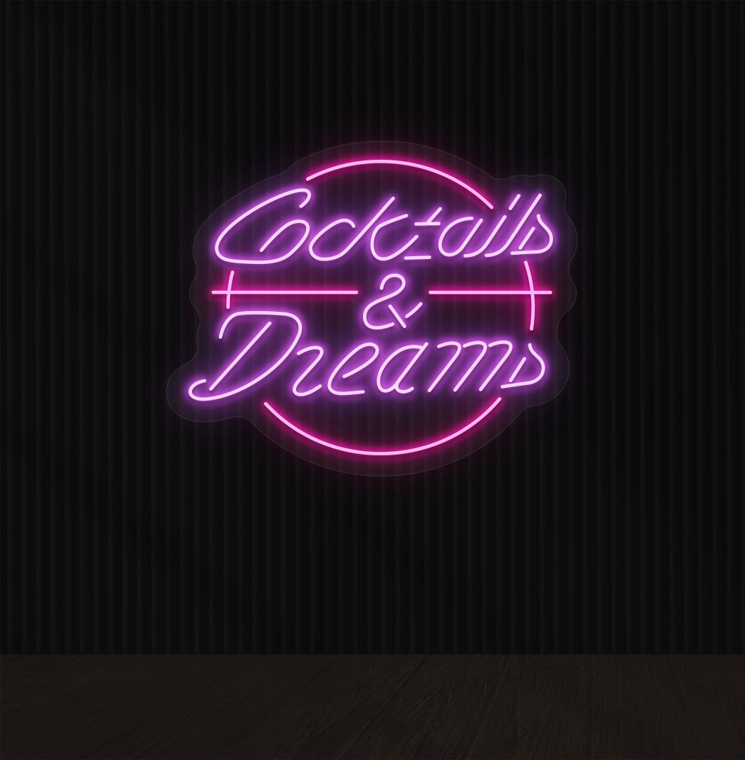 Lounge wall with cocktails and dream LED neon sign glowing purple.