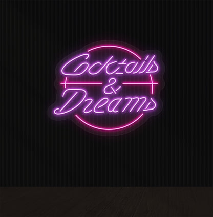 Lounge wall with cocktails and dream LED neon sign glowing purple.