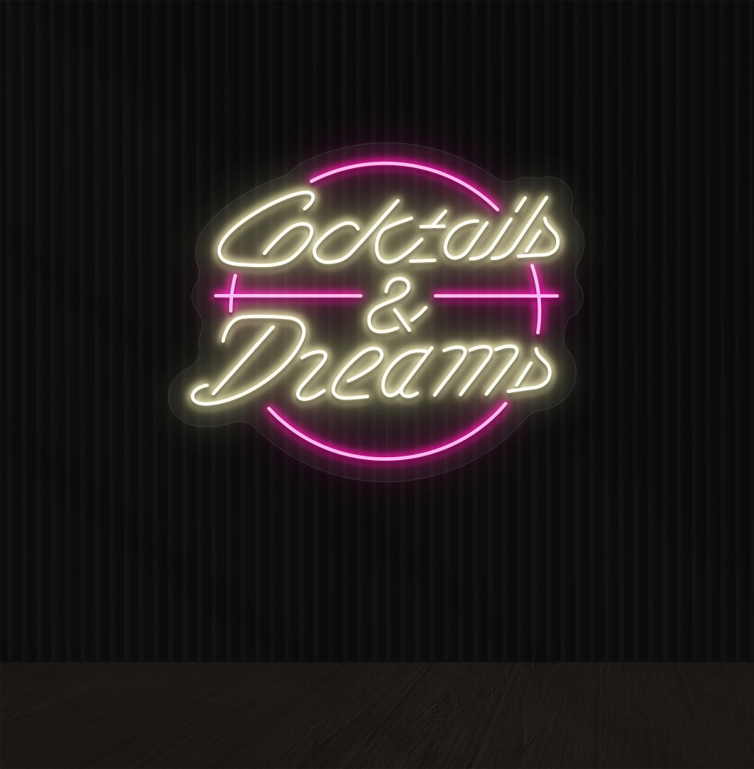 Lounge wall with cocktails and dream LED neon sign glowing warm white.