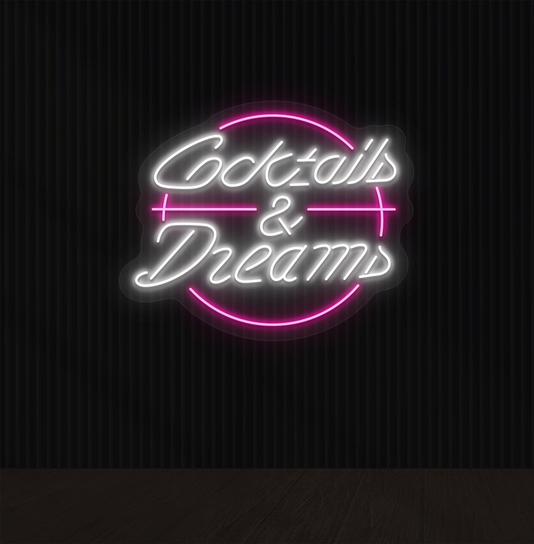 Image of a cocktails and dream LED neon sign on bar wall in white color.