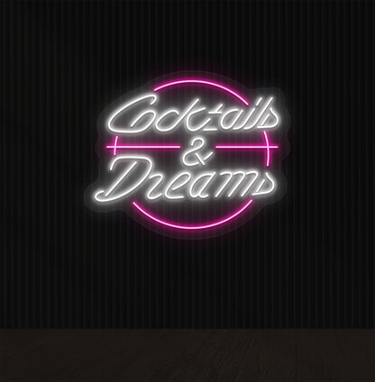 Image of a cocktails and dream LED neon sign on bar wall in white color.