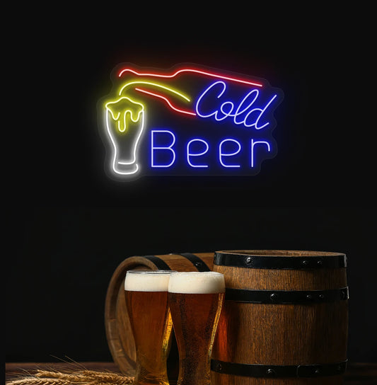 Cold beer neon sign with bottle and glass glowing on aesthetic wall in blue color.
