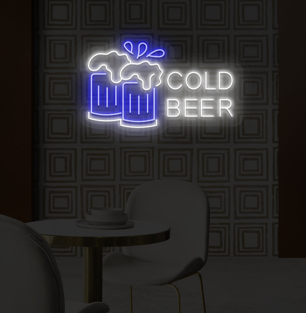 An image of a cold beer neon sign hanging on a wall, accompanied by blue-colored beer glasses.