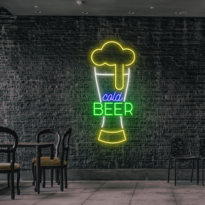 Image of a cold beer glass neon sign glowing on wall in multicolor.
