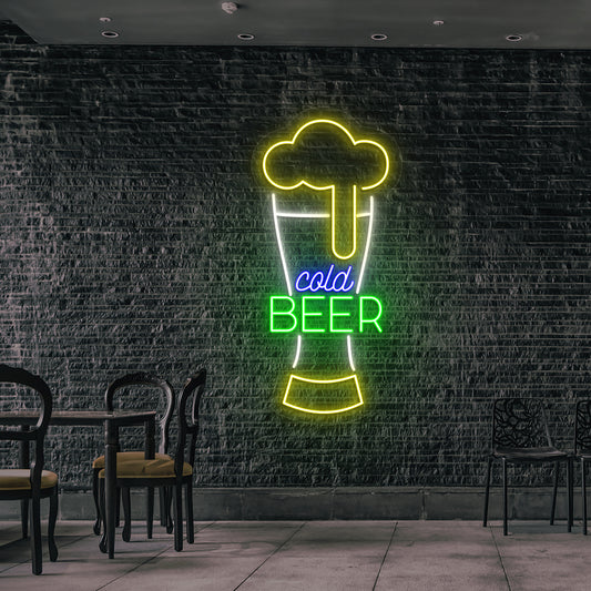 Image of a cold beer glass neon sign glowing on wall in multicolor.