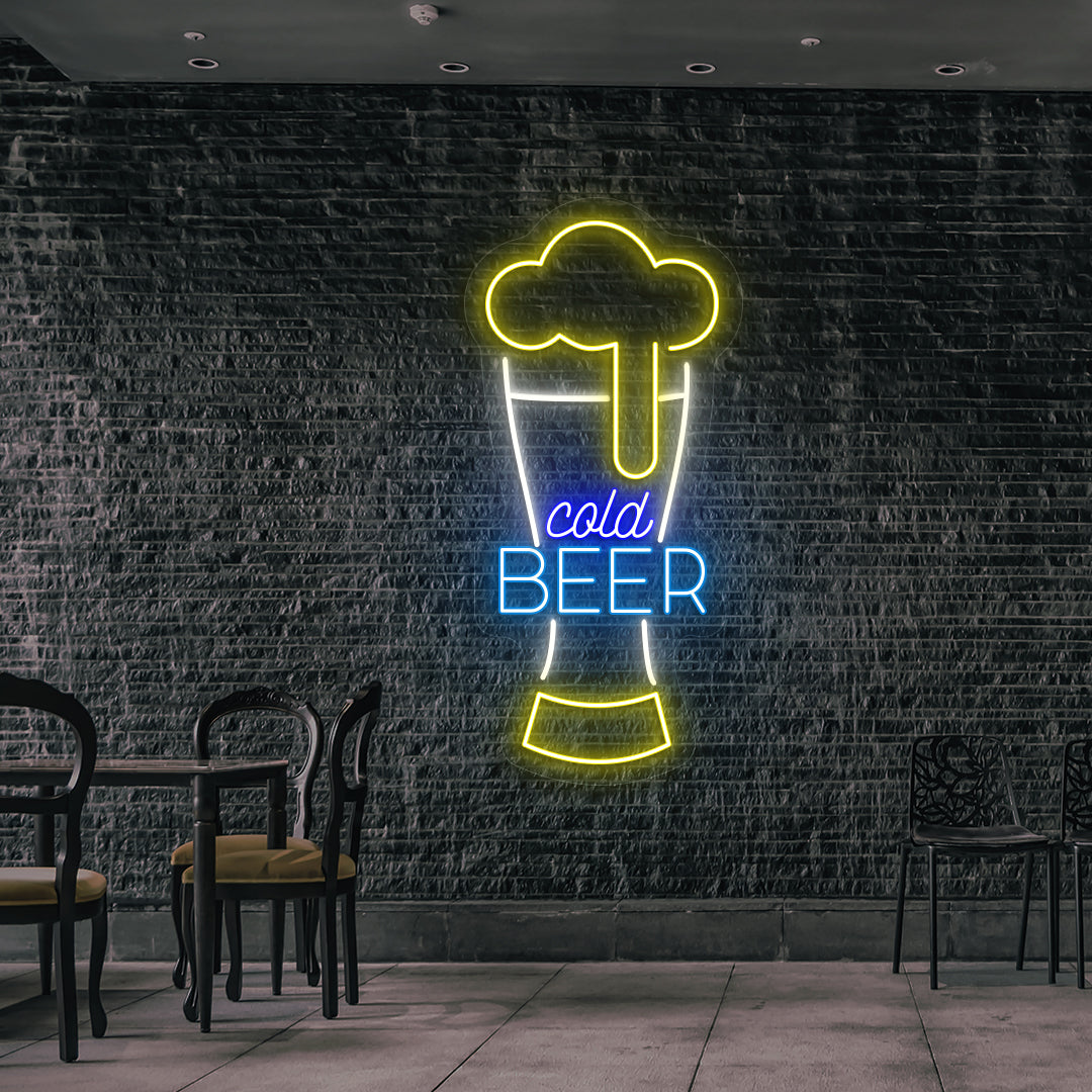 Stylish cold beer glass neon sign glowing multicolor on wall.