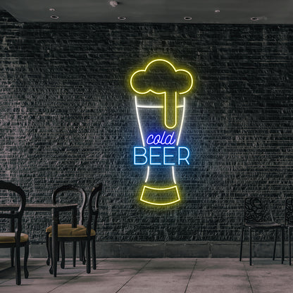 Stylish cold beer glass neon sign glowing multicolor on wall.