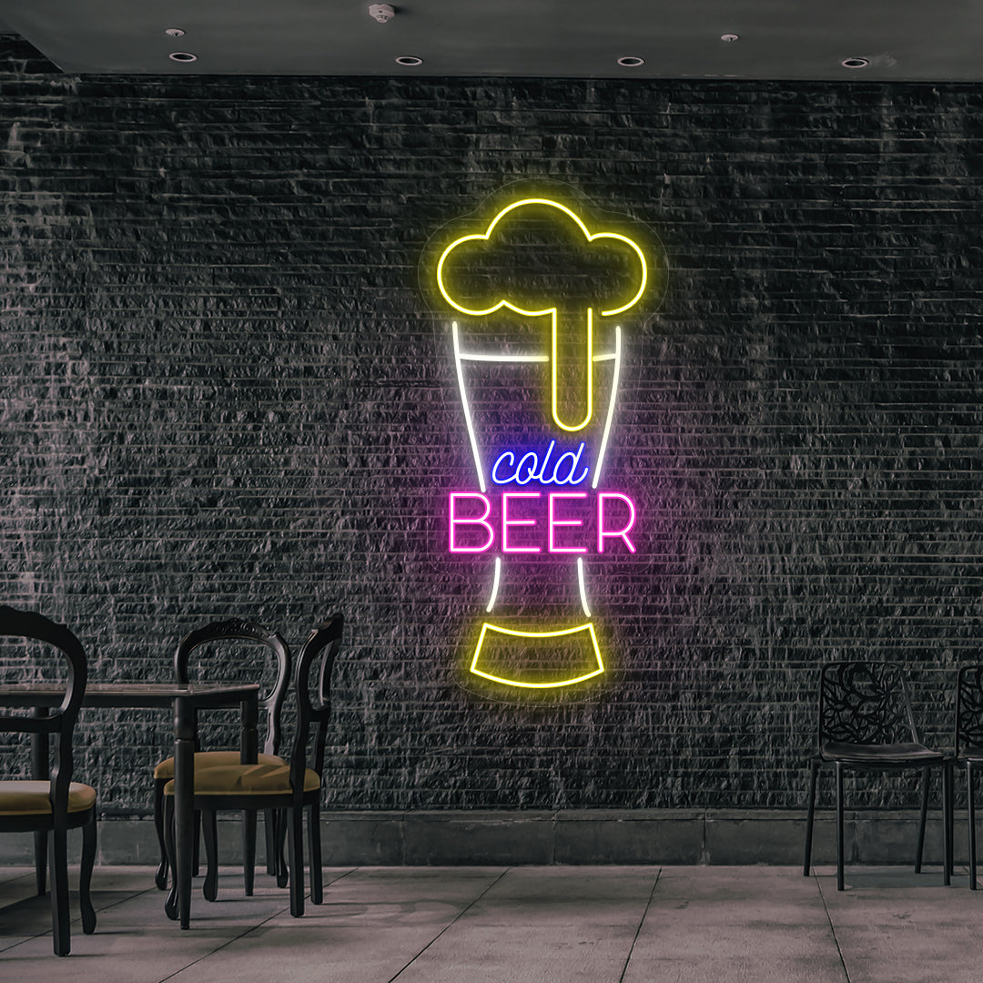 Stylish cold beer glass neon sign glowing multicolor on wall.
