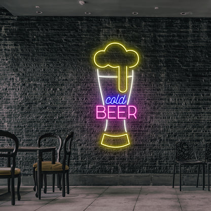 Stylish cold beer glass neon sign glowing multicolor on wall.