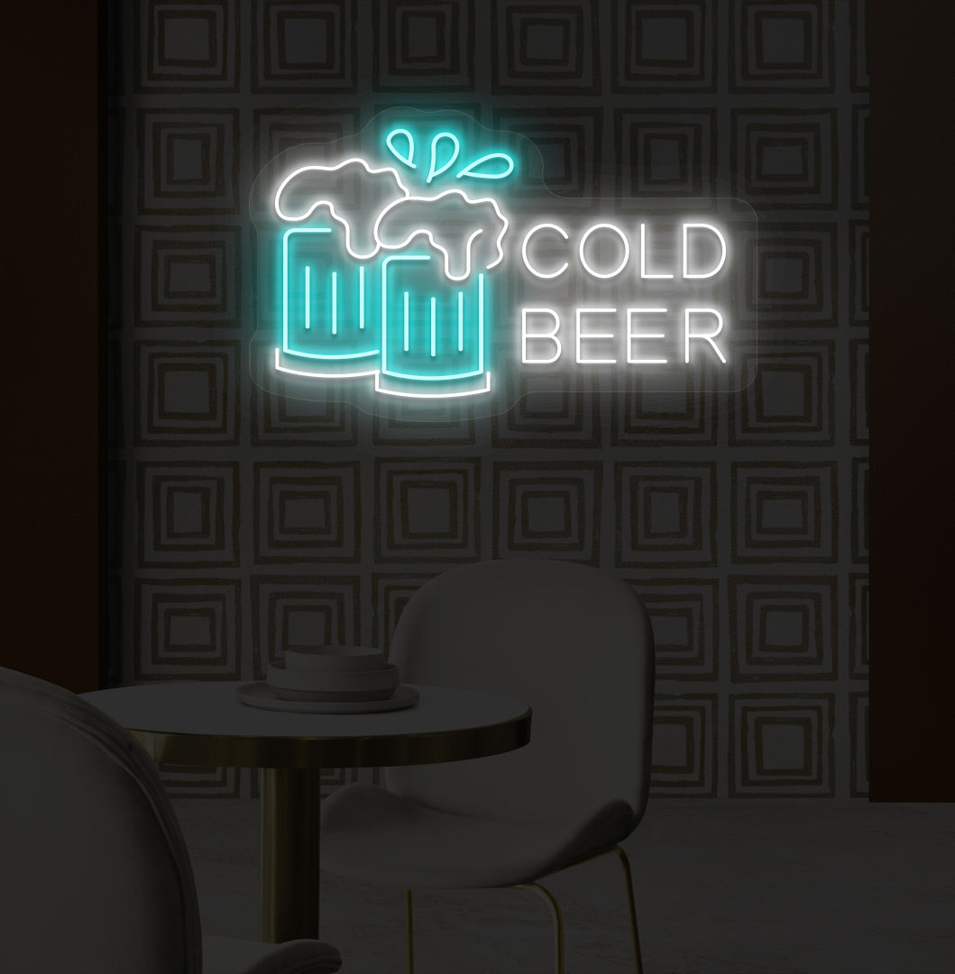 An image of a cold beer neon sign hanging on a wall, accompanied by ice blue-colored beer glasses.