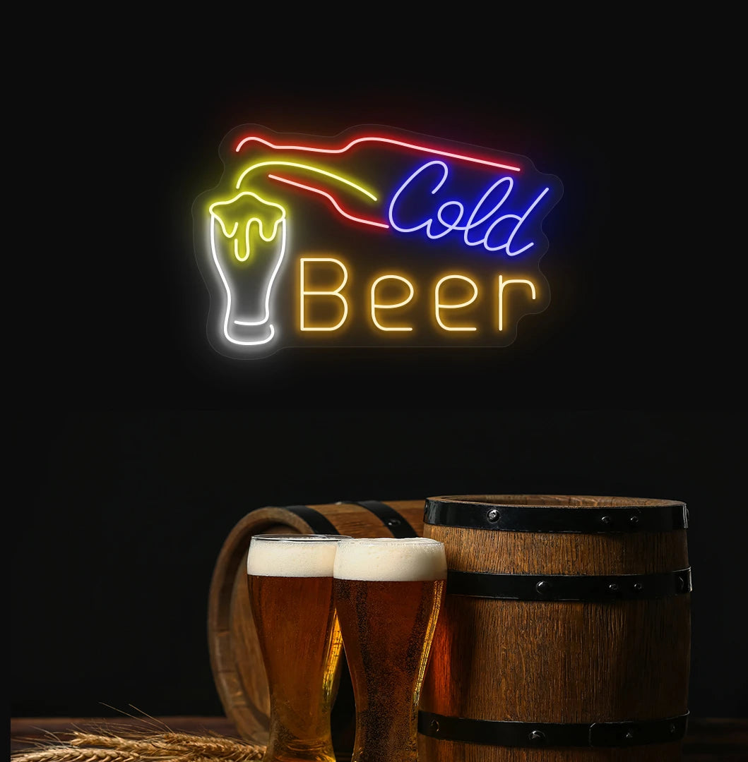 Modern aesthetic wall with cold beer neon sign glowing orange with bottle and glass.