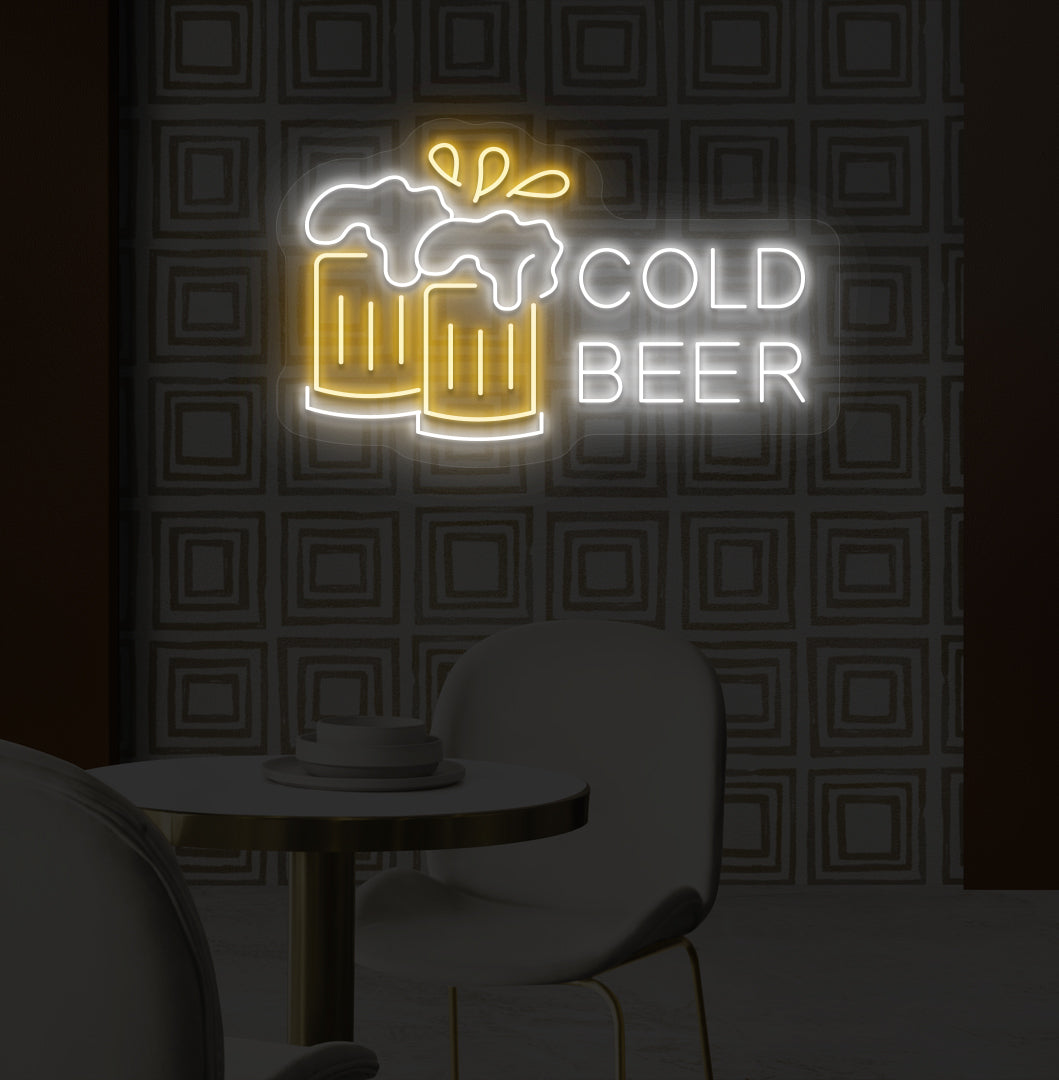 A bright orange LED cold beer neon sign glowing with two beer glasses on the wall. Perfect for bars, pubs, lounges, and man caves.