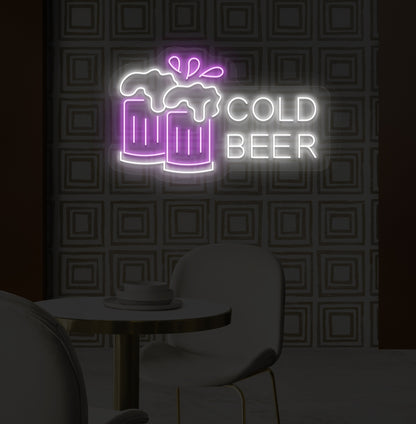 An image of a cold beer neon sign hanging on a wall, accompanied by purple-colored beer glasses.