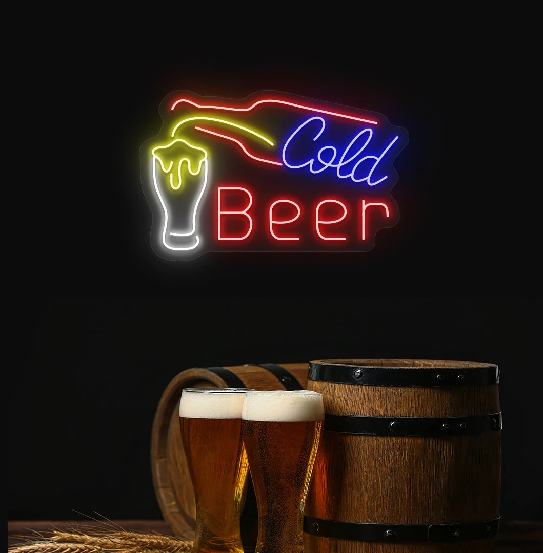 Cold beer neon sign with bottle and glass glowing on aesthetic wall in red color.