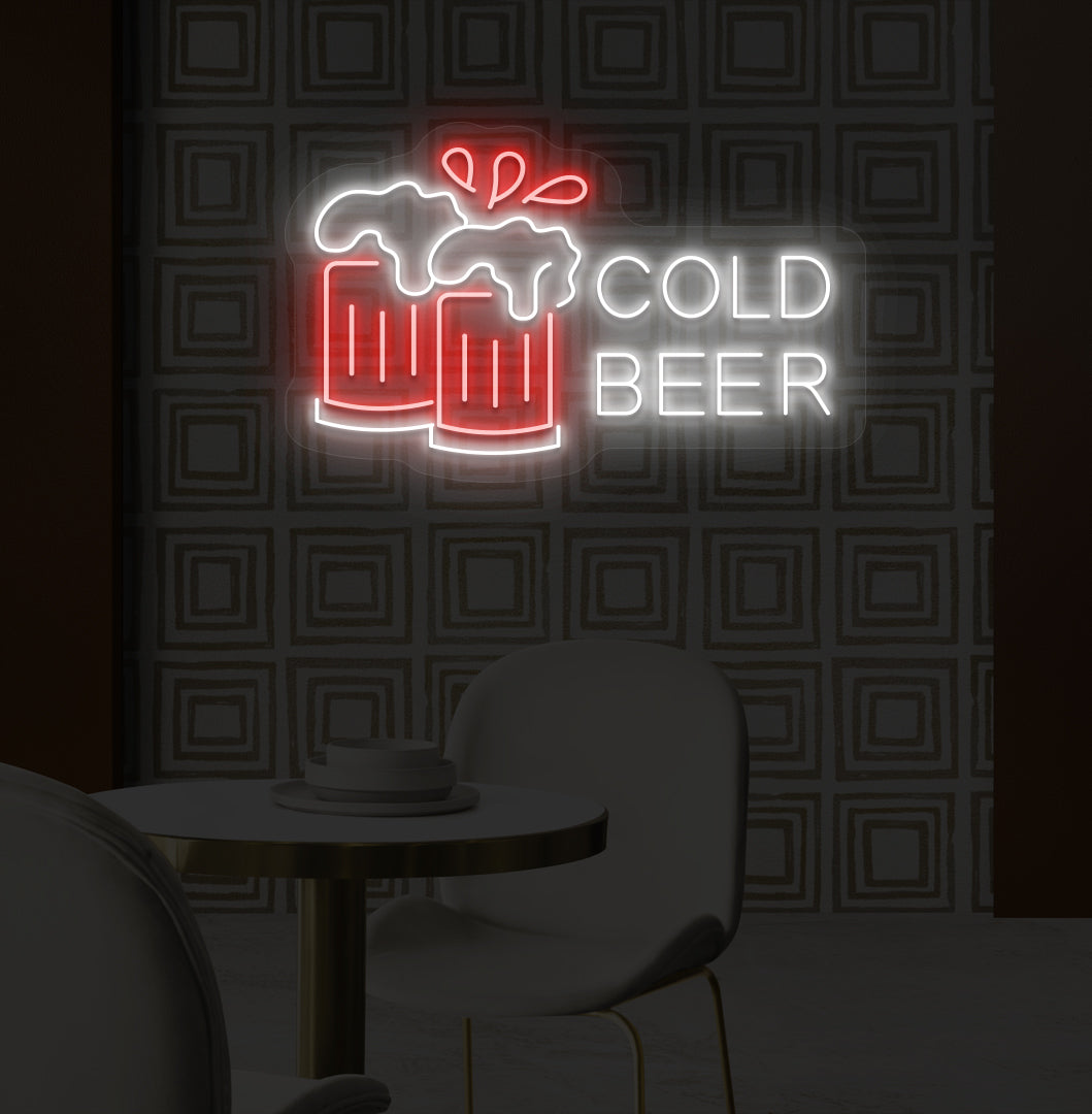 A bright red LED cold beer neon sign glowing with two beer glasses on the wall. Perfect for bars, pubs, lounges, and man caves.