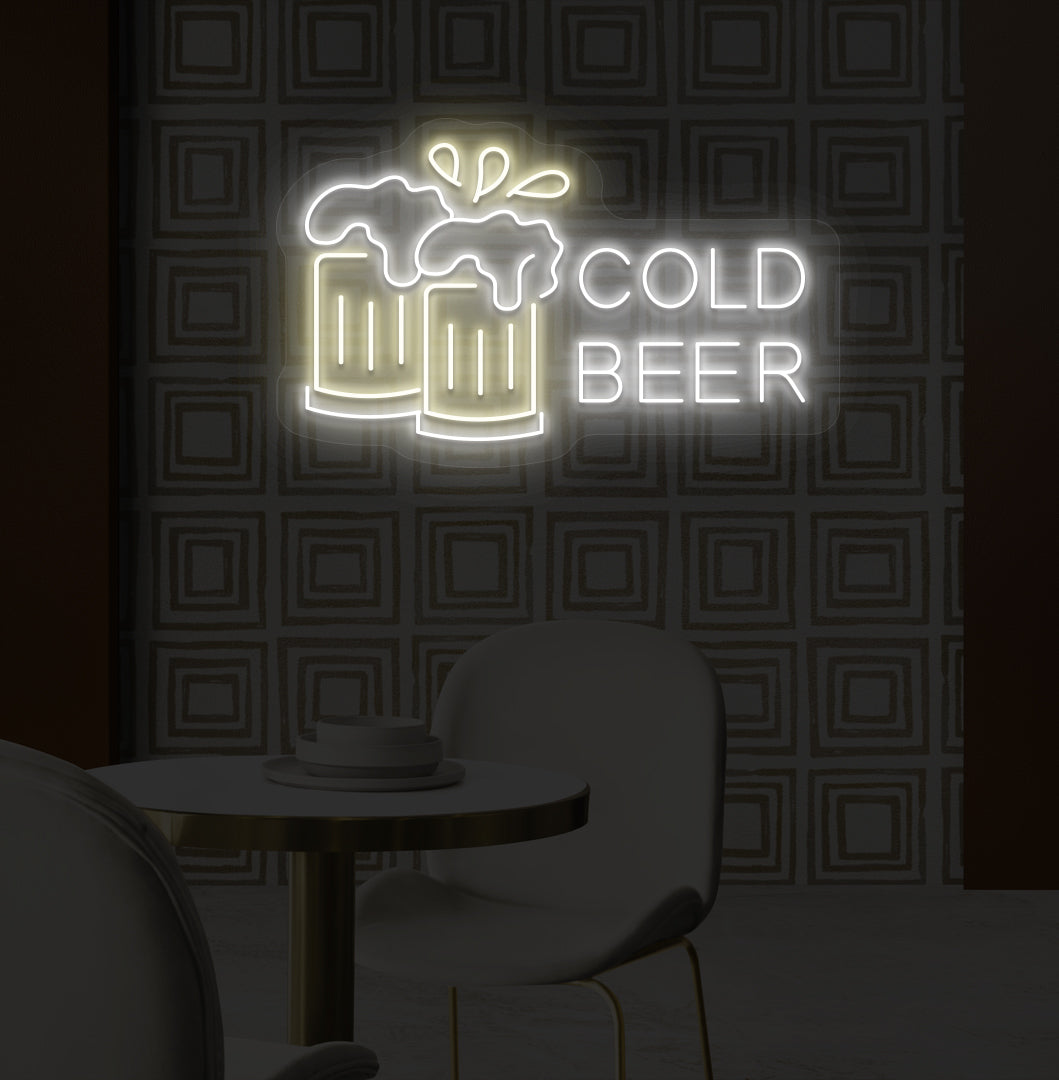 A bright warm white LED cold beer neon sign glowing with two beer glasses on the wall. Perfect for bars, pubs, lounges, and man caves.