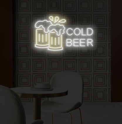 A bright warm white LED cold beer neon sign glowing with two beer glasses on the wall. Perfect for bars, pubs, lounges, and man caves.