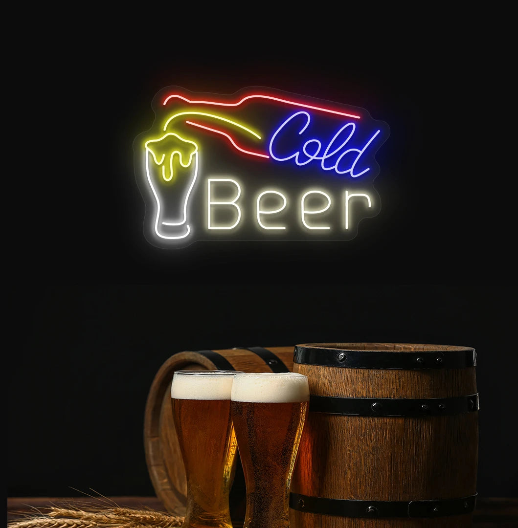 Modern aesthetic wall with cold beer neon sign glowing warm white with bottle and glass.