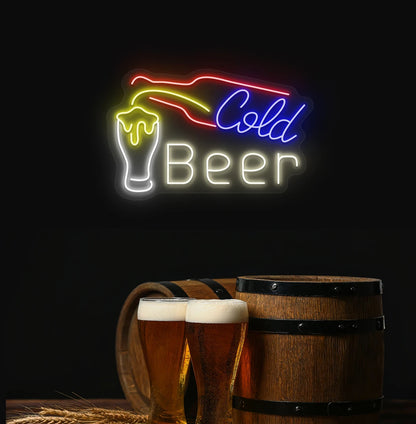 Modern aesthetic wall with cold beer neon sign glowing warm white with bottle and glass.