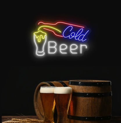 Cold beer neon sign with bottle and glass glowing on aesthetic wall in white color.