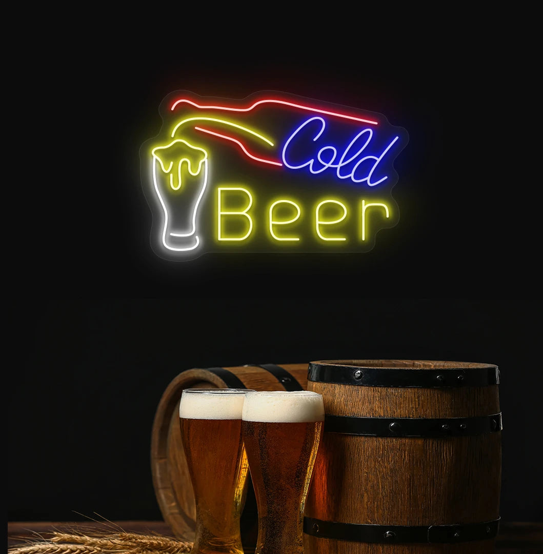 Modern aesthetic wall with cold beer neon sign glowing yellow with bottle and glass.