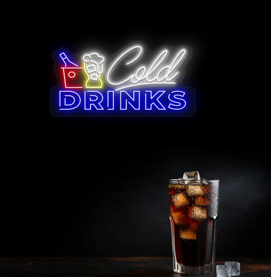 Modern wall decor with cold drinks neon sign glowing blue.