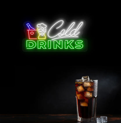 Image of a stylish cold drinks neon light mounted on wall in green.