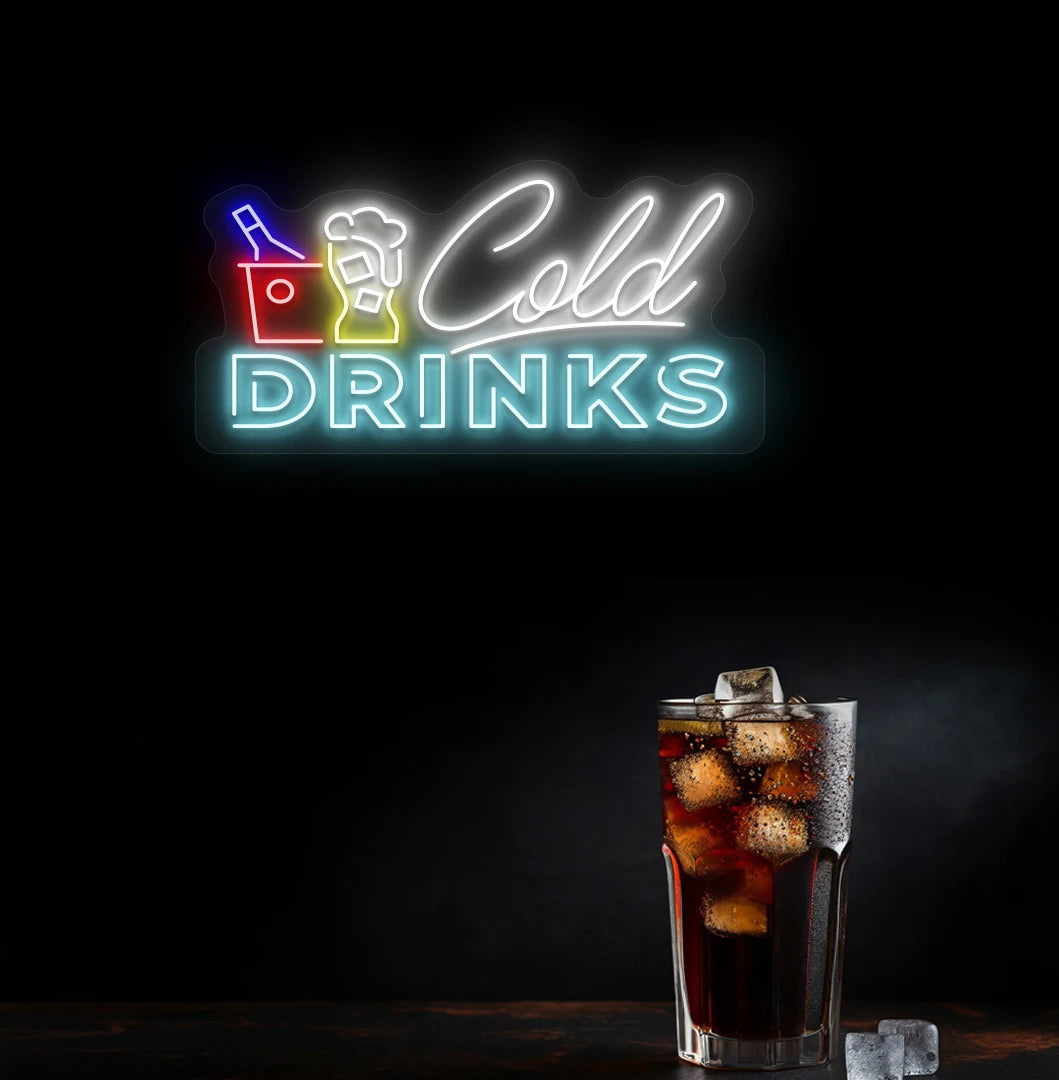 Modern wall decor with cold drinks neon sign glowing ice blue.