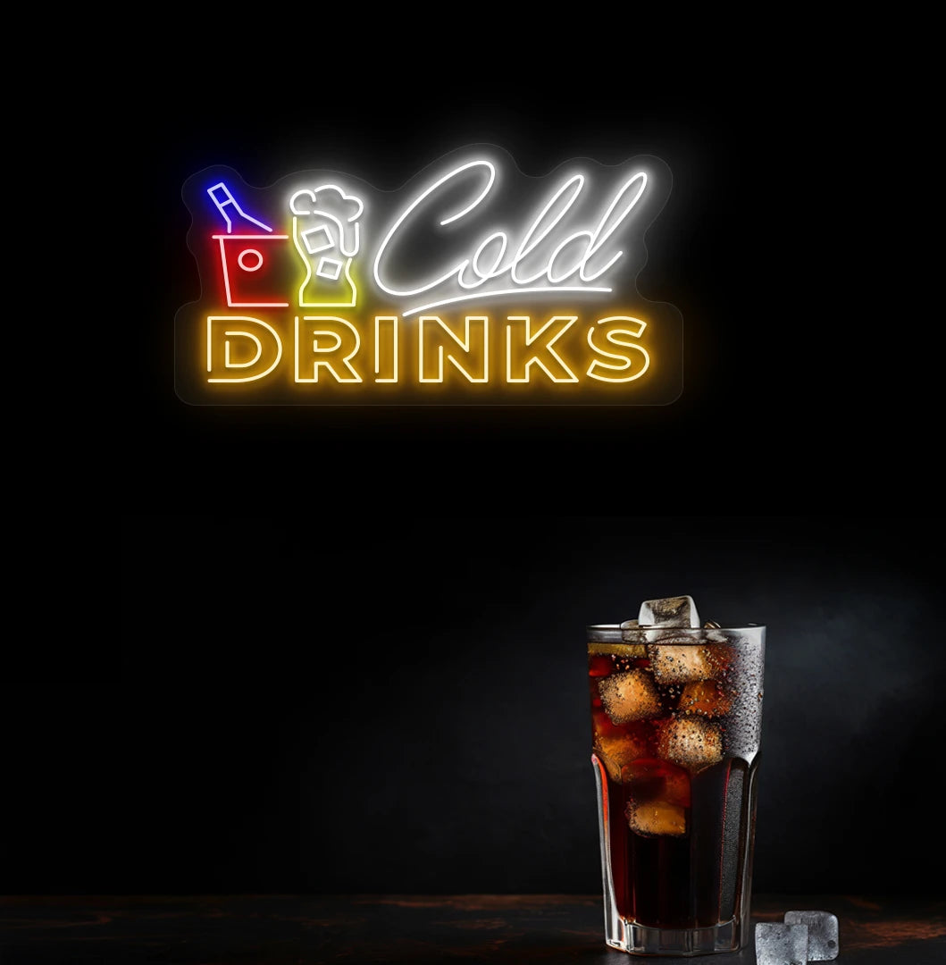 Image of a stylish cold drinks neon light mounted on wall in orange.