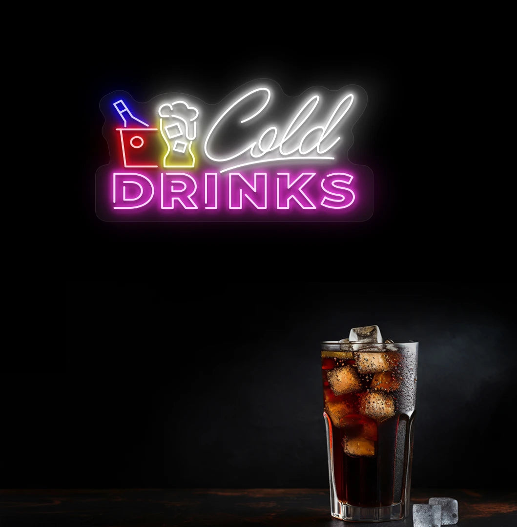 Modern wall decor with cold drinks neon sign glowing pink.