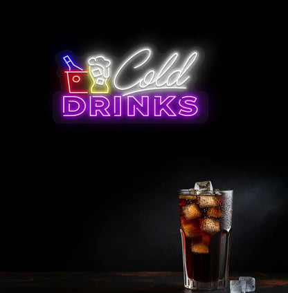Image of a stylish cold drinks neon light mounted on wall in purple.