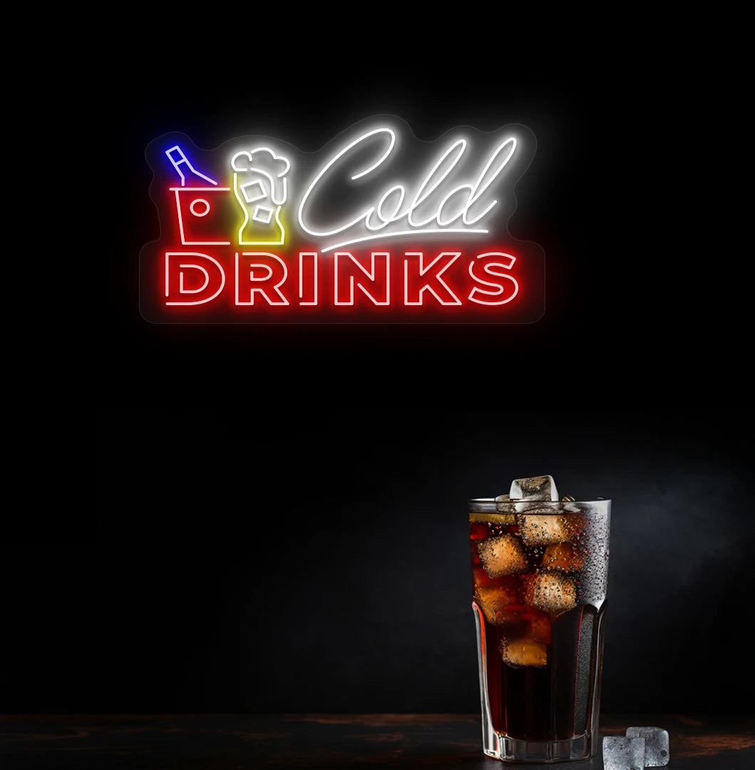 Modern wall decor with cold drinks neon sign glowing red.