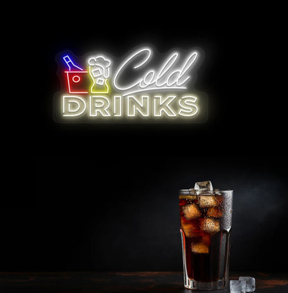 Image of a stylish cold drinks neon light mounted on wall in warm white.
