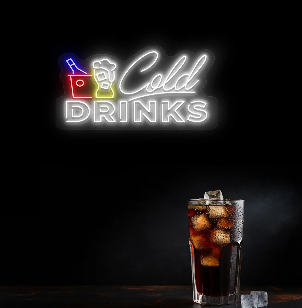 Modern wall decor with cold drinks neon sign glowing white.