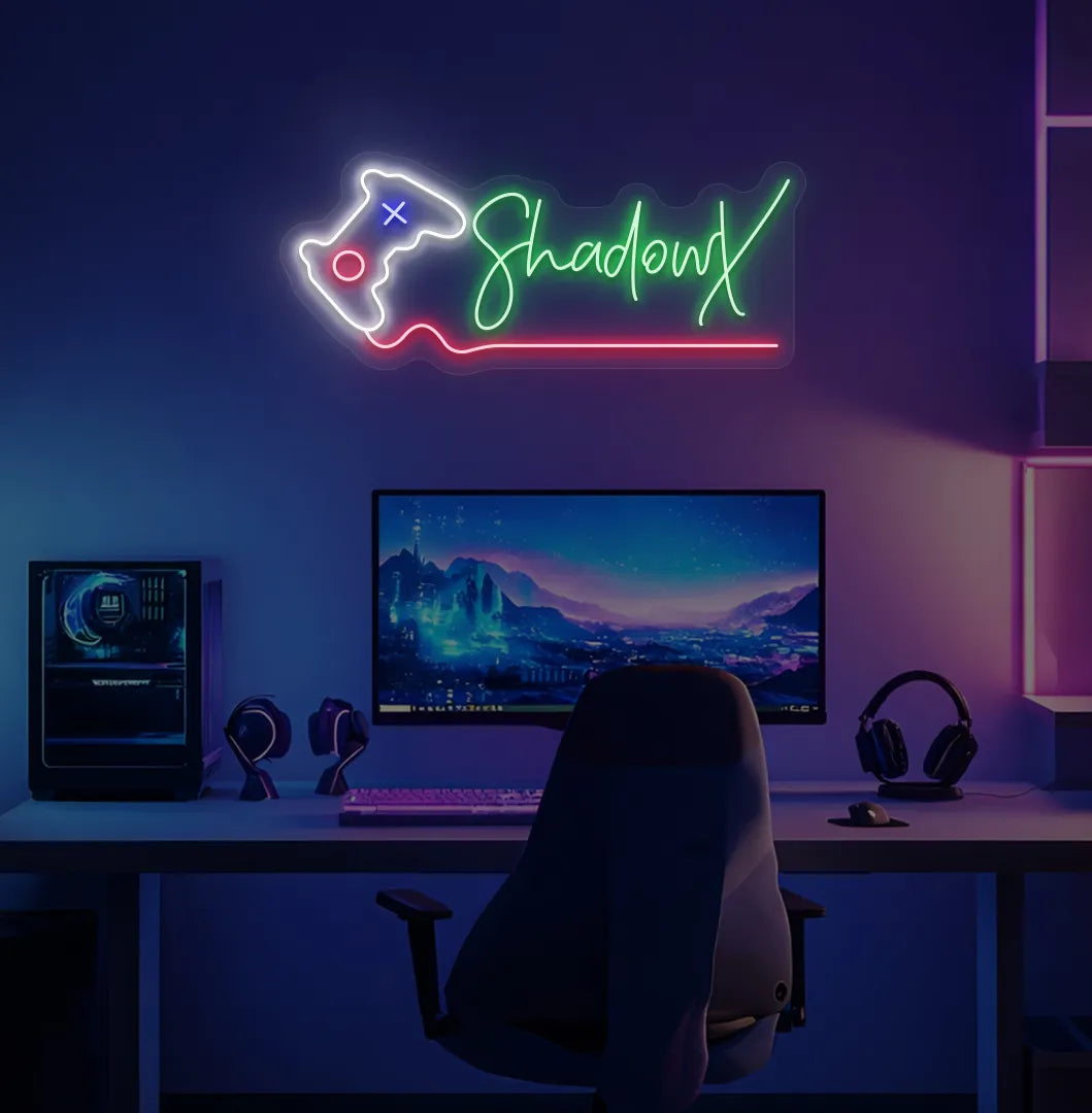 Controller with Custom Name neon sign glowing green on gaming room wall.