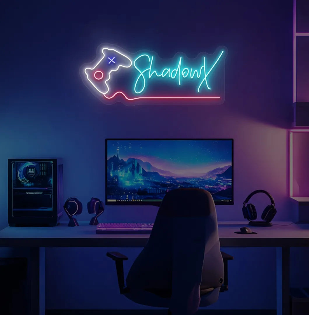Personalized gamer name neon sign with controller mounted on decorative wall in ice blue color.