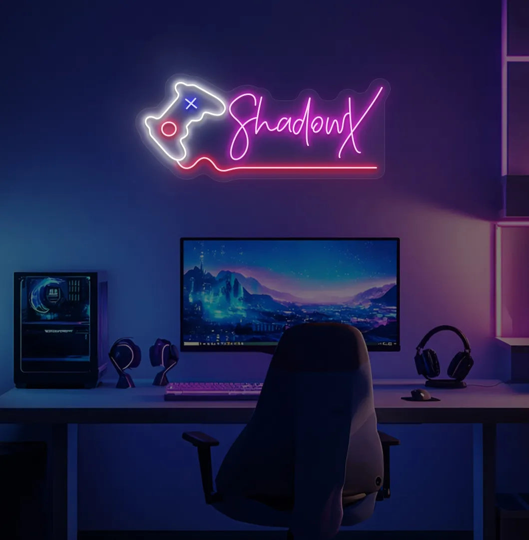 Controller with Custom Name neon sign glowing purple on gaming room wall.