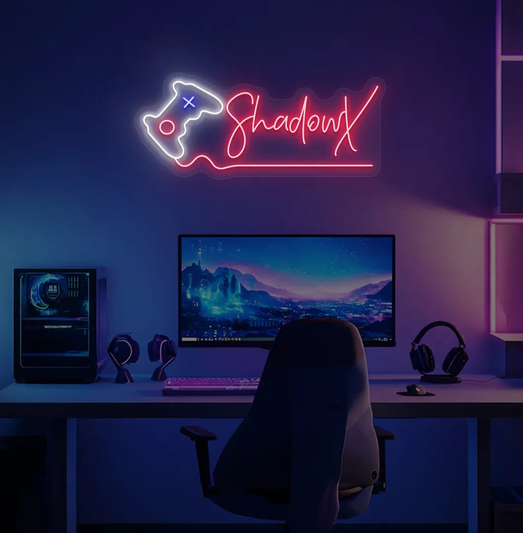 Personalized gamer name neon sign with controller mounted on decorative wall in red color.
