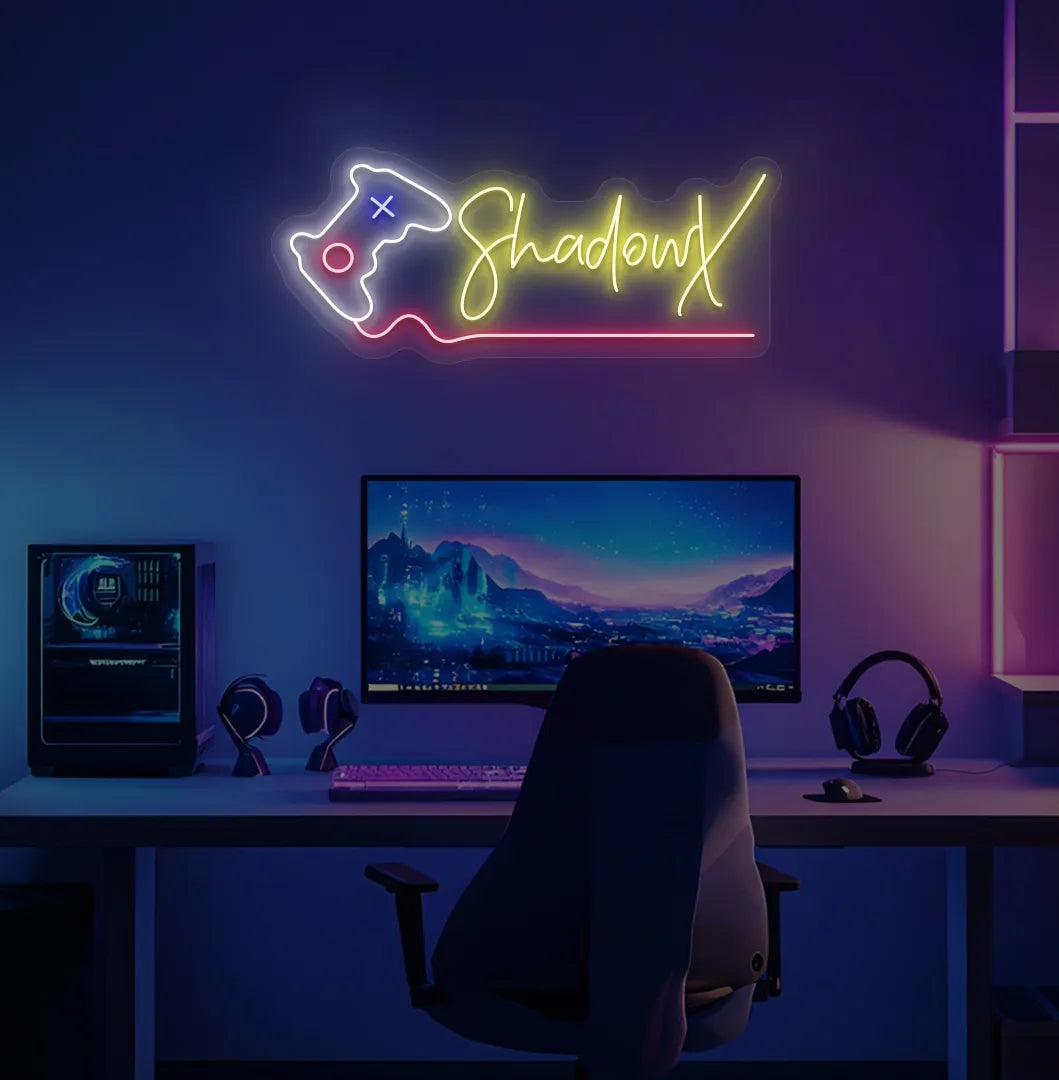Controller with Custom Name neon sign glowing yellow on gaming room wall.