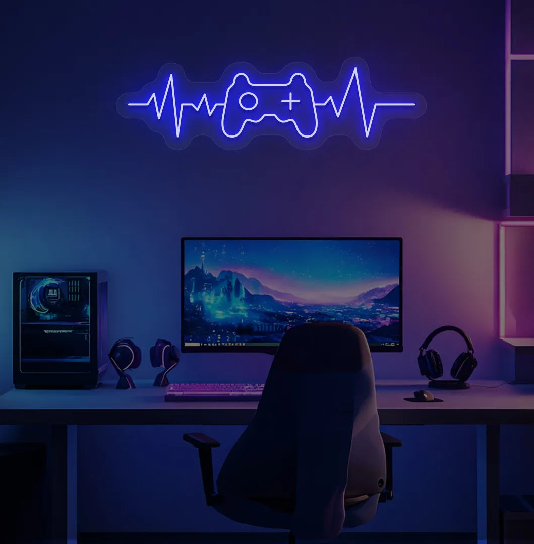 Image of a gaming controller with heartbeat blue neon sign mounted on gamer room wall.