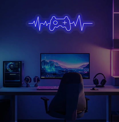 Image of a gaming controller with heartbeat blue neon sign mounted on gamer room wall.