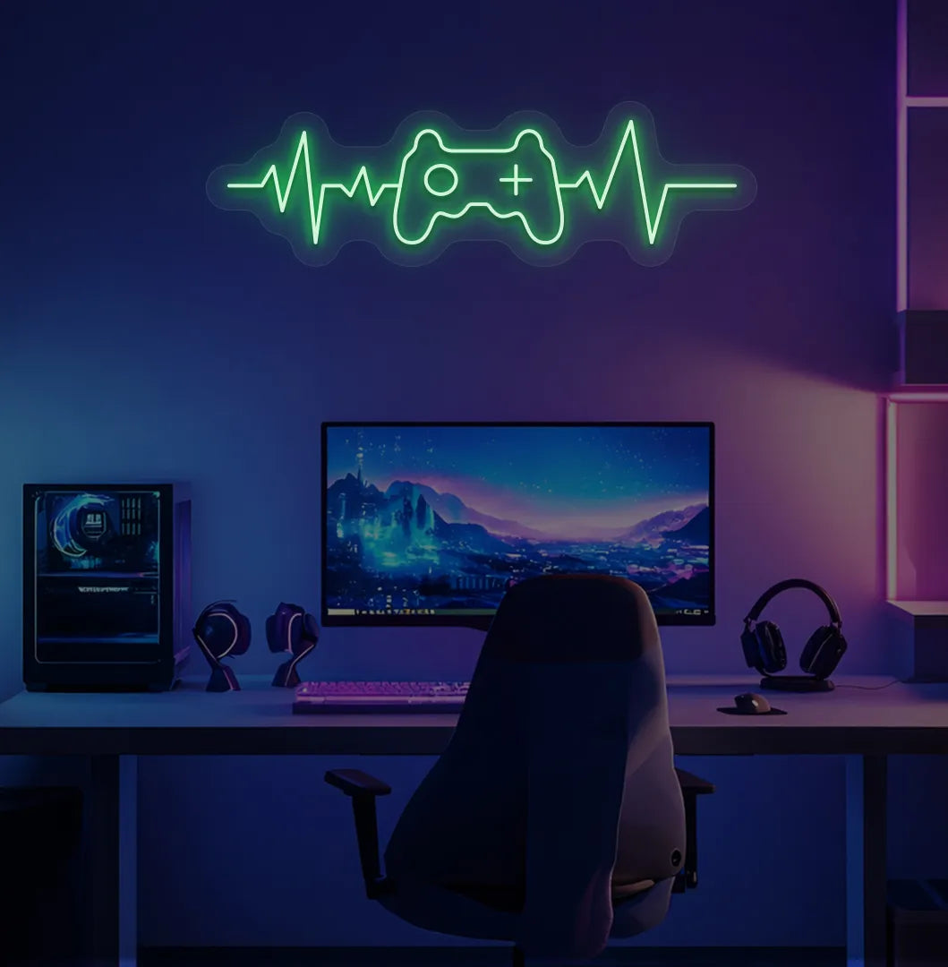 Green controller with heartbeat LED neon sign for esports room decor.