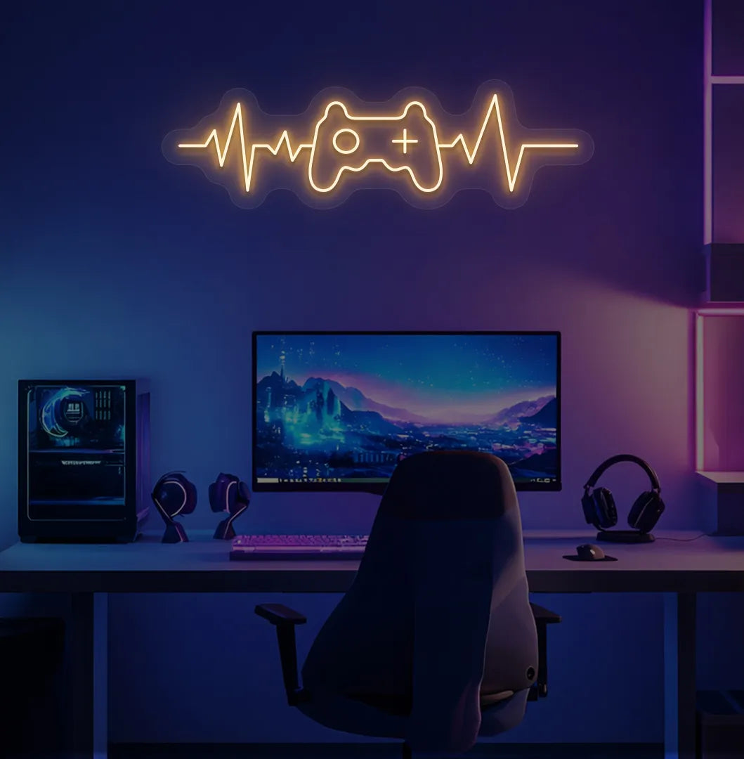Orange controller with heartbeat LED neon sign for esports room decor